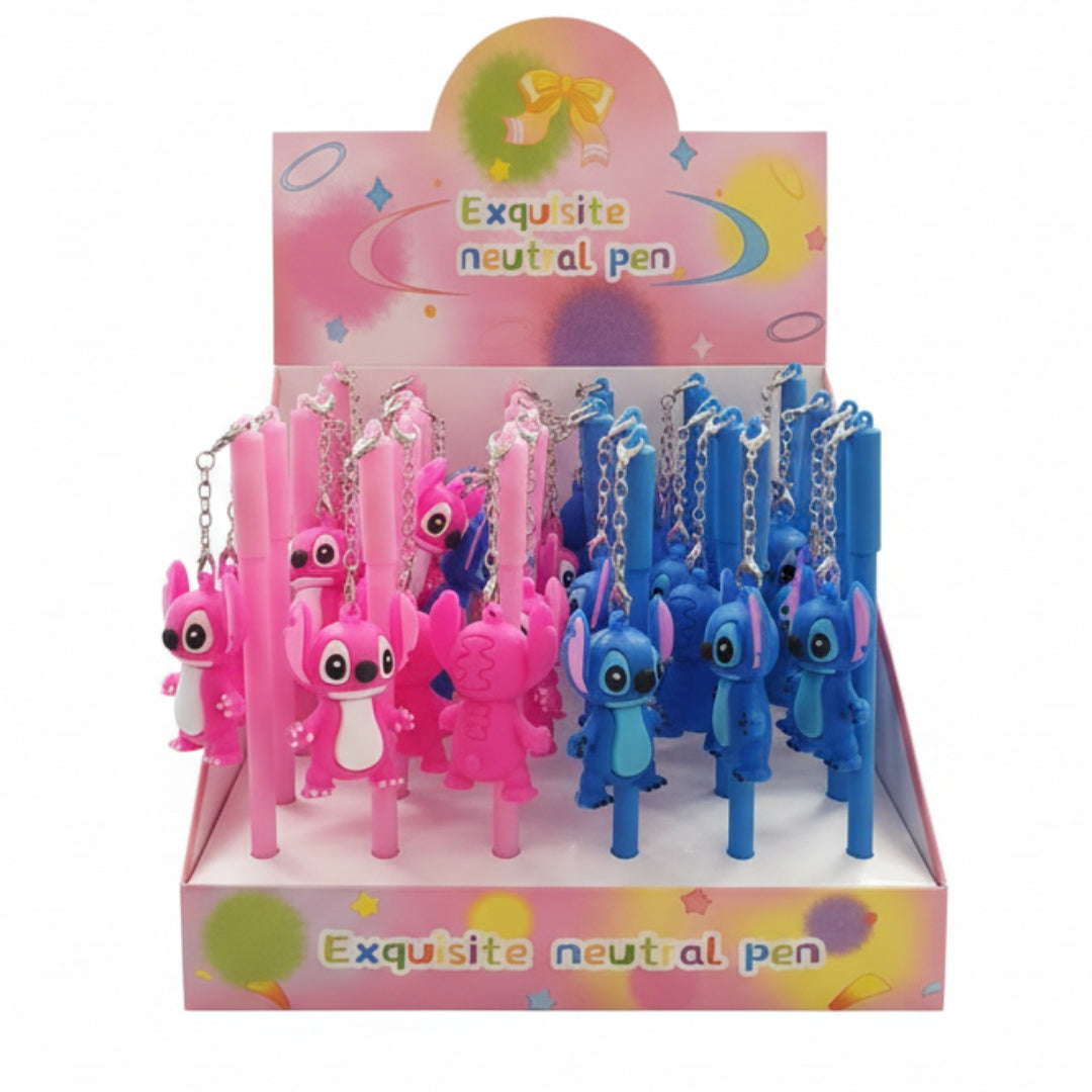 Set 30 Pixuri gel cu figurina tip breloc, model animat, culori roz si albastru