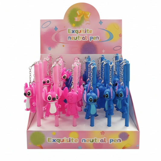 Set 30 Pixuri gel cu figurina tip breloc, model animat, culori roz si albastru