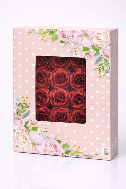 Set 30 trandafiri artificiali cu sclipici aramiu in cutie decorativa