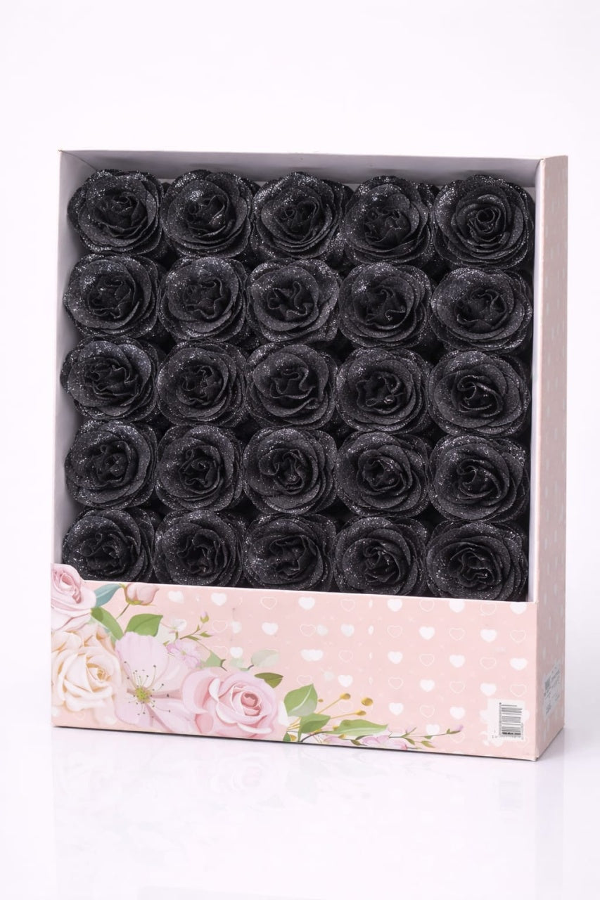 Set 30 trandafiri artificiali cu sclipici negru in cutie decorativa