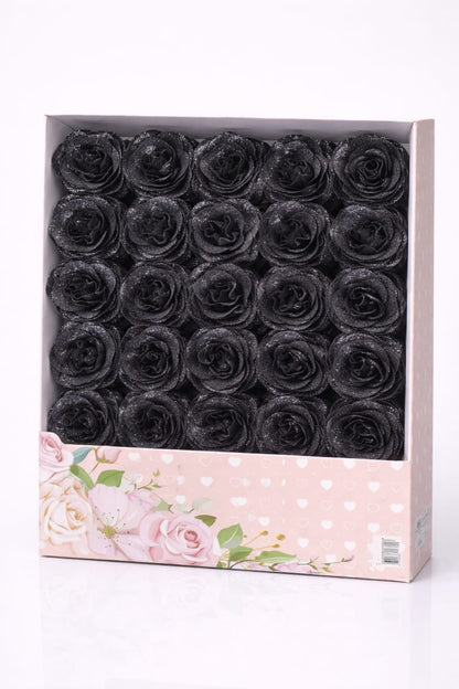 Set 30 trandafiri artificiali cu sclipici negru in cutie decorativa