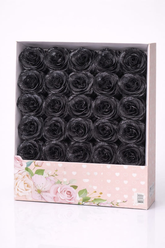 Set 30 trandafiri artificiali cu sclipici negru in cutie decorativa