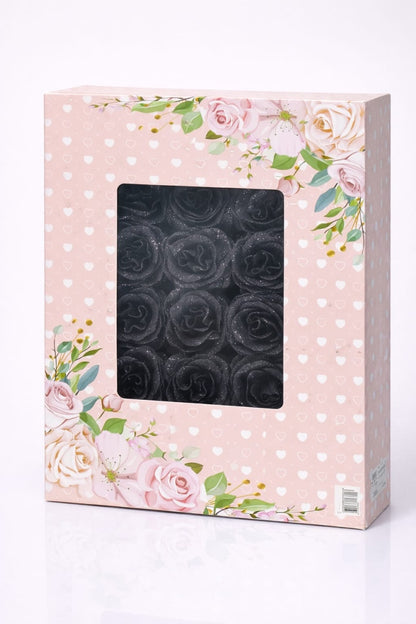 Set 30 trandafiri artificiali cu sclipici negru in cutie decorativa
