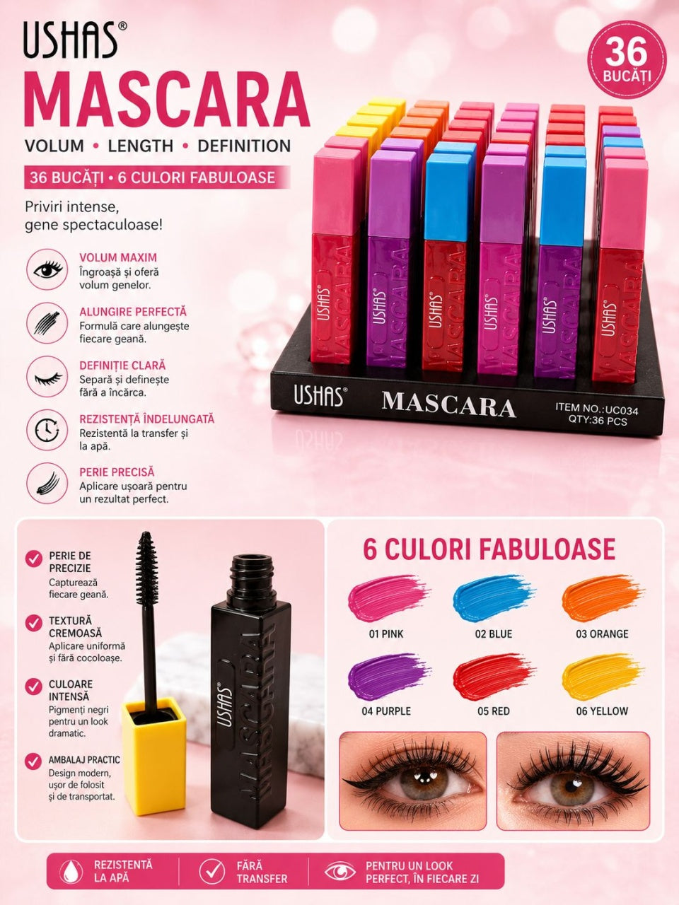 Set 36 Mascara Colorate USHAS Volume & Length – 6 Culori Vibrante, Efect de Volum și Alungire