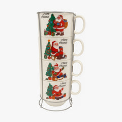 Set 4 Cani Ceramice cu Suport , Model Mos Craciun si Brad, Merry Christmas
