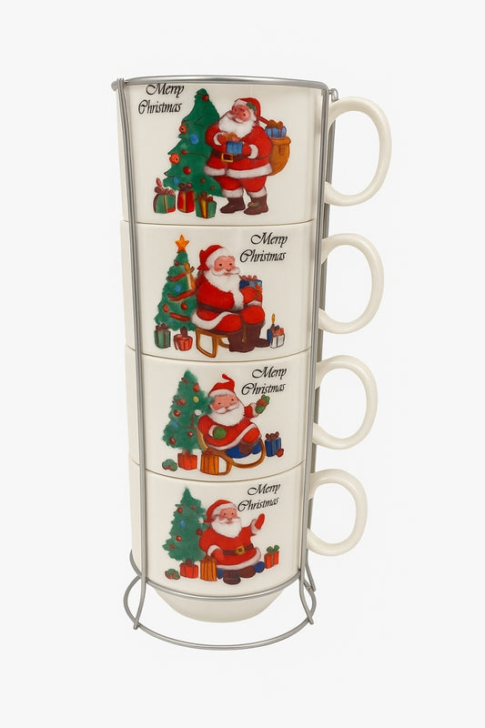 Set 4 Cani Ceramice cu Suport , Model Mos Craciun si Brad, Merry Christmas