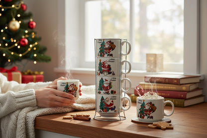 Set 4 Cani Ceramice cu Suport , Model Mos Craciun si Brad, Merry Christmas