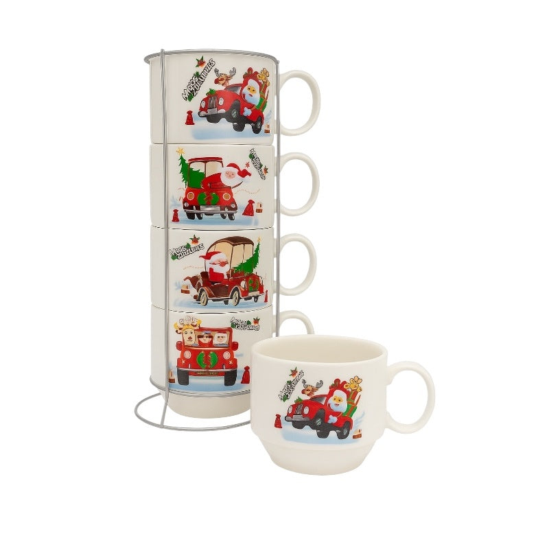 Set 4 Cani Ceramice cu Suport , Mos Craciun la Volan, Model Christmas Car