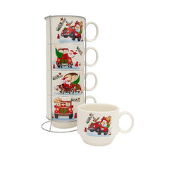 Set 4 Cani Ceramice cu Suport , Mos Craciun la Volan, Model Christmas Car