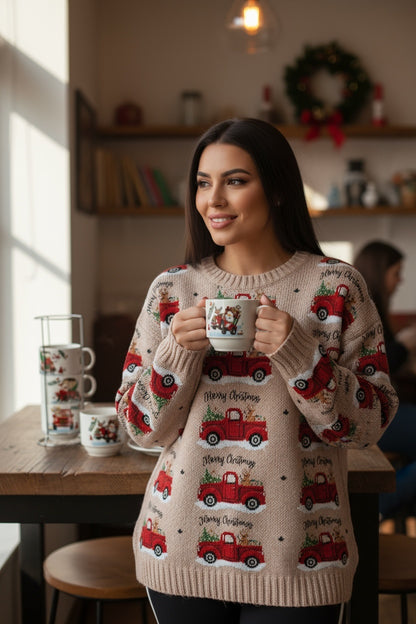 Set 4 Cani Ceramice cu Suport , Mos Craciun la Volan, Model Christmas Car
