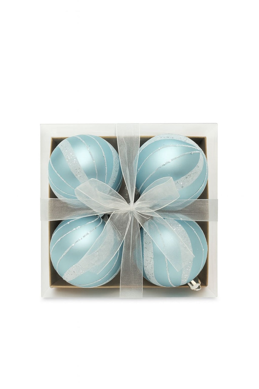 Set 4 globuri bleu cu sclipici argintiu , ornamente brad Craciun, 16x16x7cm