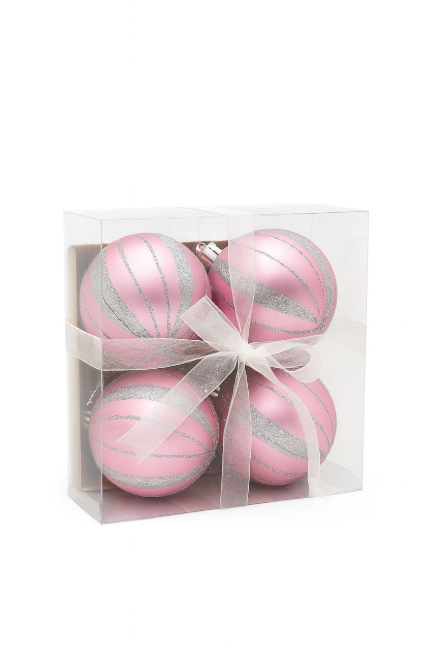 Set 4 globuri roz cu sclipici argintiu , ornamente brad Craciun, 16x16x7cm