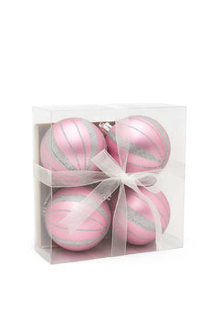 Set 4 globuri roz cu sclipici argintiu , ornamente brad Craciun, 16x16x7cm