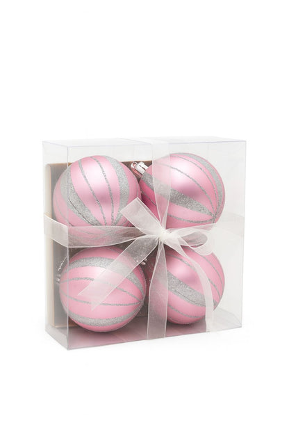 Set 4 globuri roz cu sclipici argintiu , ornamente brad Craciun, 16x16x7cm