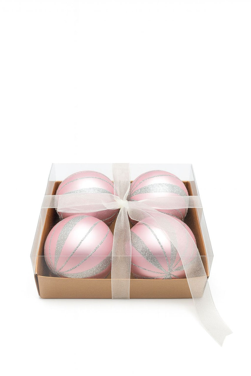 Set 4 globuri roz cu sclipici argintiu , ornamente brad Craciun, 16x16x7cm