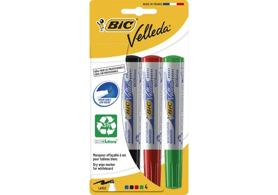 Set 4 Markere pentru tabla Bic Vellada, 4 culori , rosu, verde, albastru si negru, usor de sters,