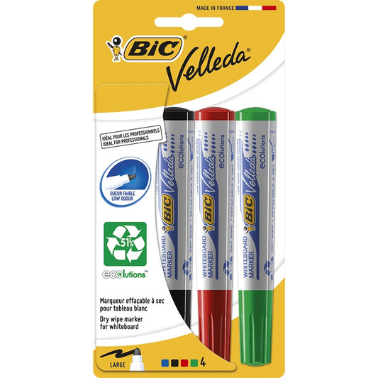 Set 4 Markere pentru tabla Bic Vellada, 4 culori , rosu, verde, albastru si negru, usor de sters,