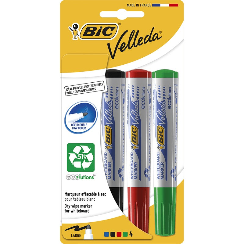 Set 4 Markere pentru tabla Bic Vellada, 4 culori , rosu, verde, albastru si negru, usor de sters,