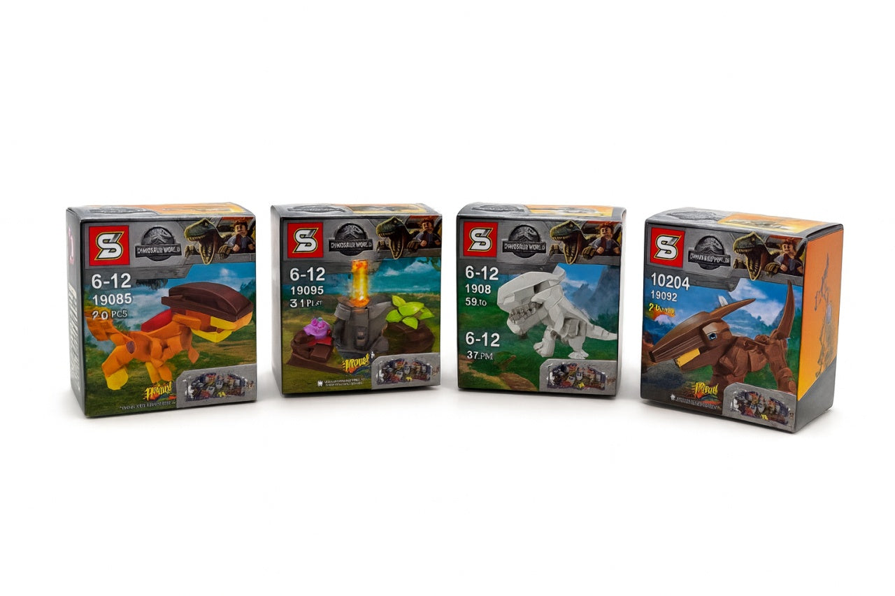 Set 4 Mini Dinozauri Puzzle Tip Lego , Cutii 7x7 cm, Construibile, Cadou pentru Copii 6-12 Ani