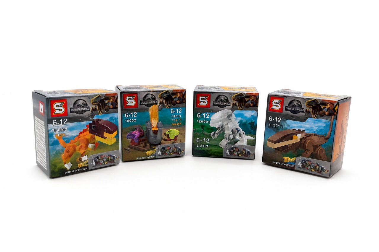 Set 4 Mini Dinozauri Puzzle Tip Lego , Cutii 7x7 cm, Construibile, Cadou pentru Copii 6-12 Ani
