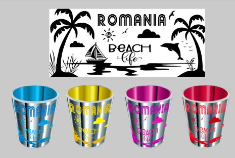 Set 4 pahare din metal cu design turistic România, culori variate