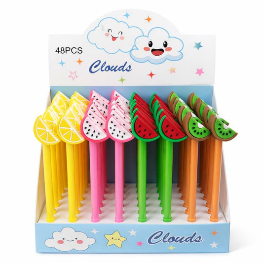 Set 48 pixuri cu gel și capac decorativ în formă de fruct, design colorat pentru copii