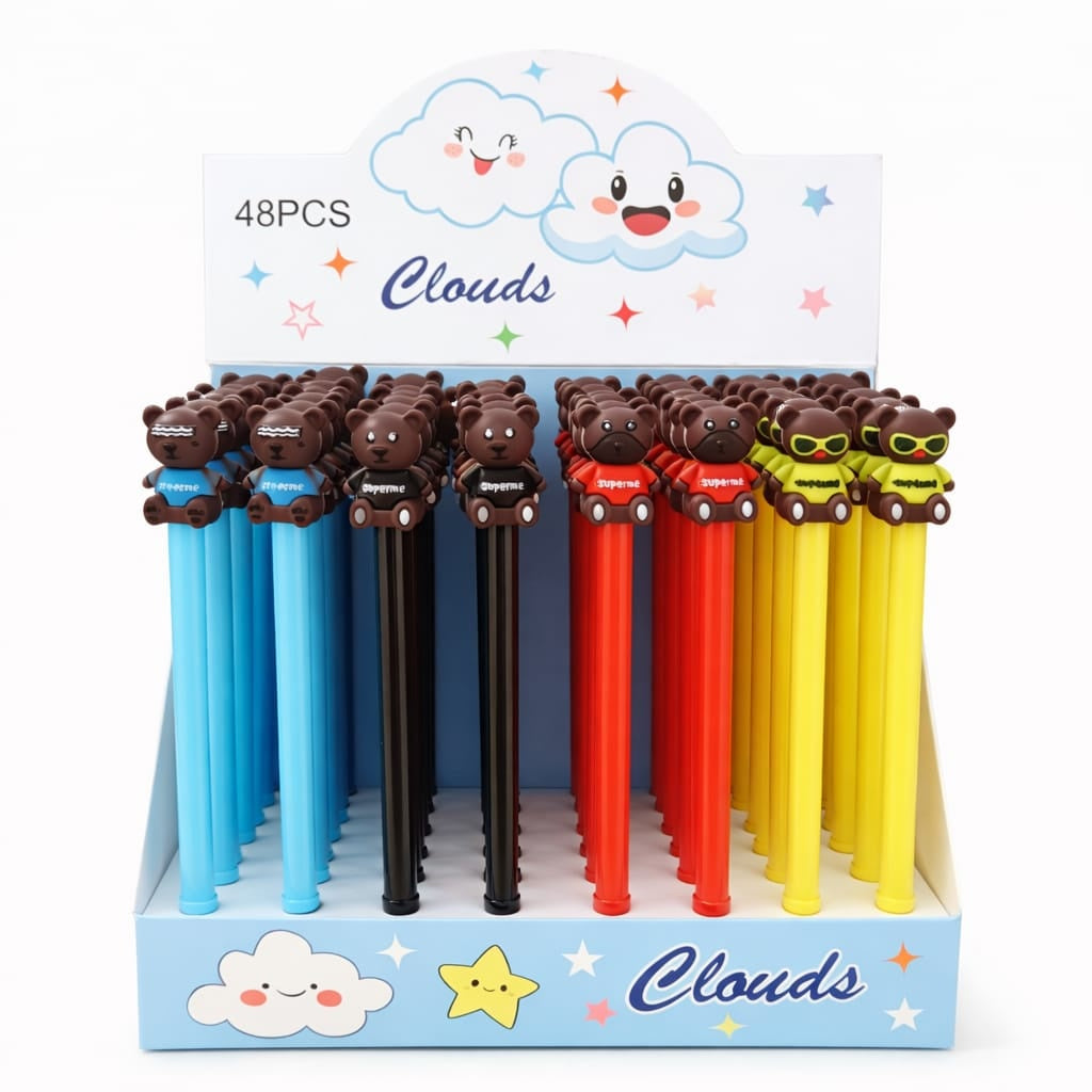 Set 48 Pixuri gel cu figurina ursulet, multicolor, design simpatic pentru copii