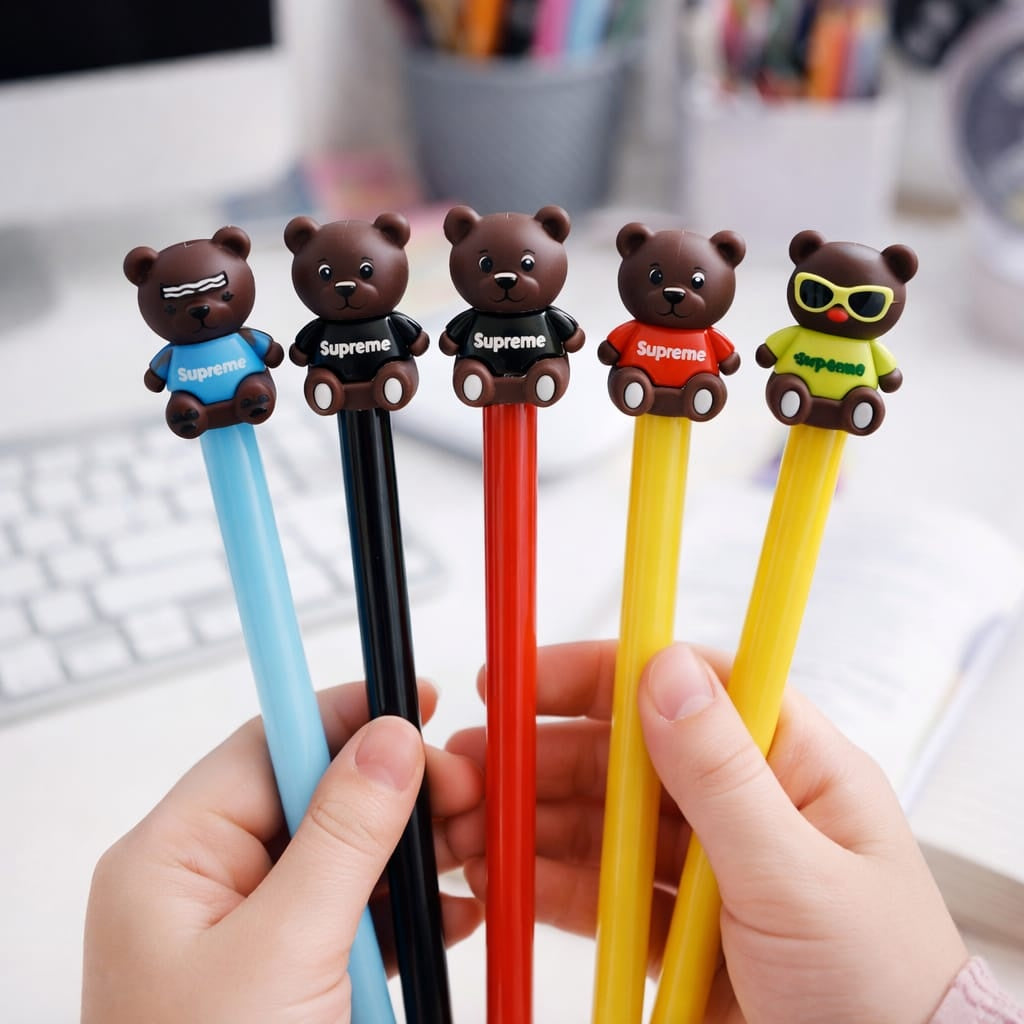 Set 48 Pixuri gel cu figurina ursulet, multicolor, design simpatic pentru copii