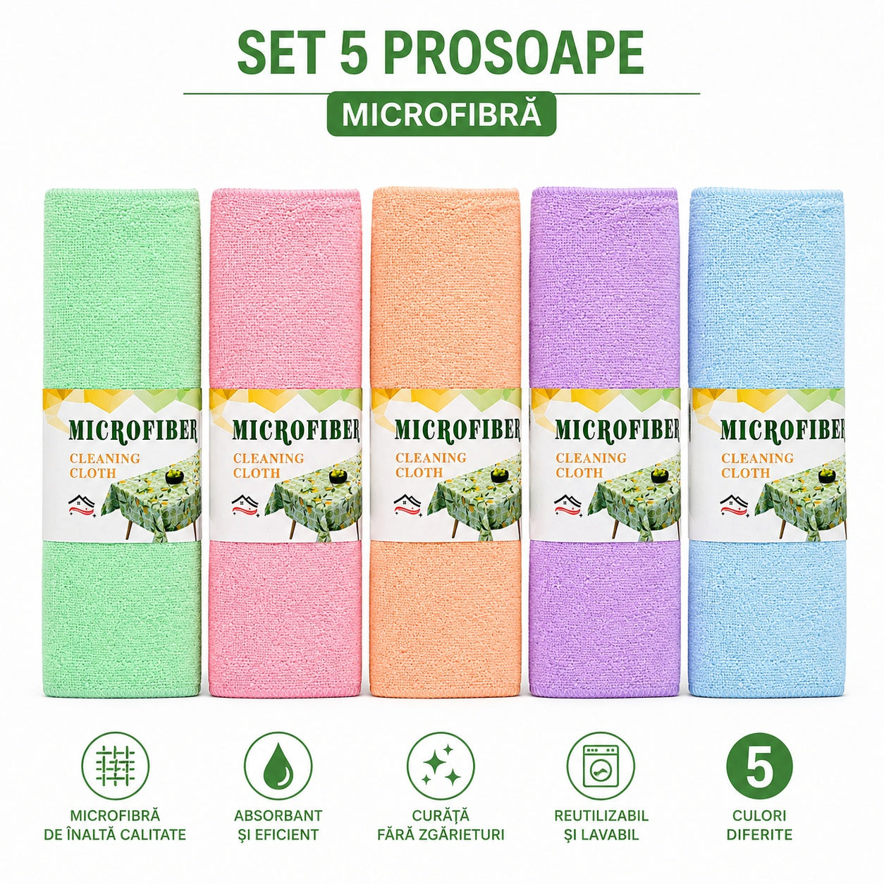 Set 5 prosoape bucătărie microfibră 40x40 cm – lavete pufoase, super absorbante