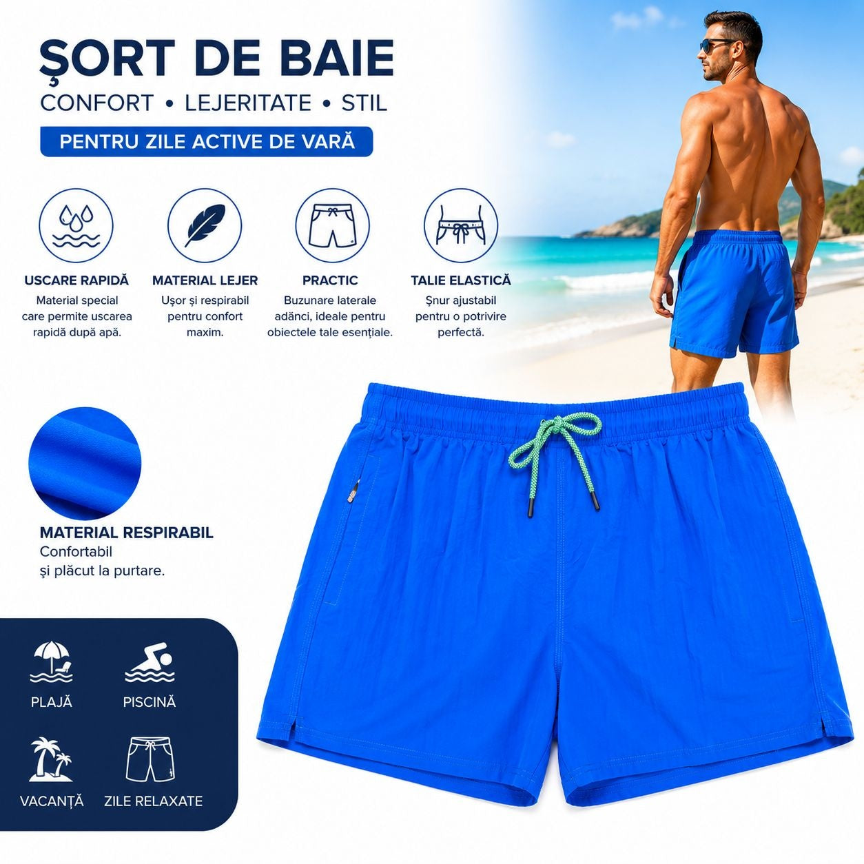 Set 5 Sorturi de Baie Bărbați Albastre – Material Respirabil, Uscare Rapidă