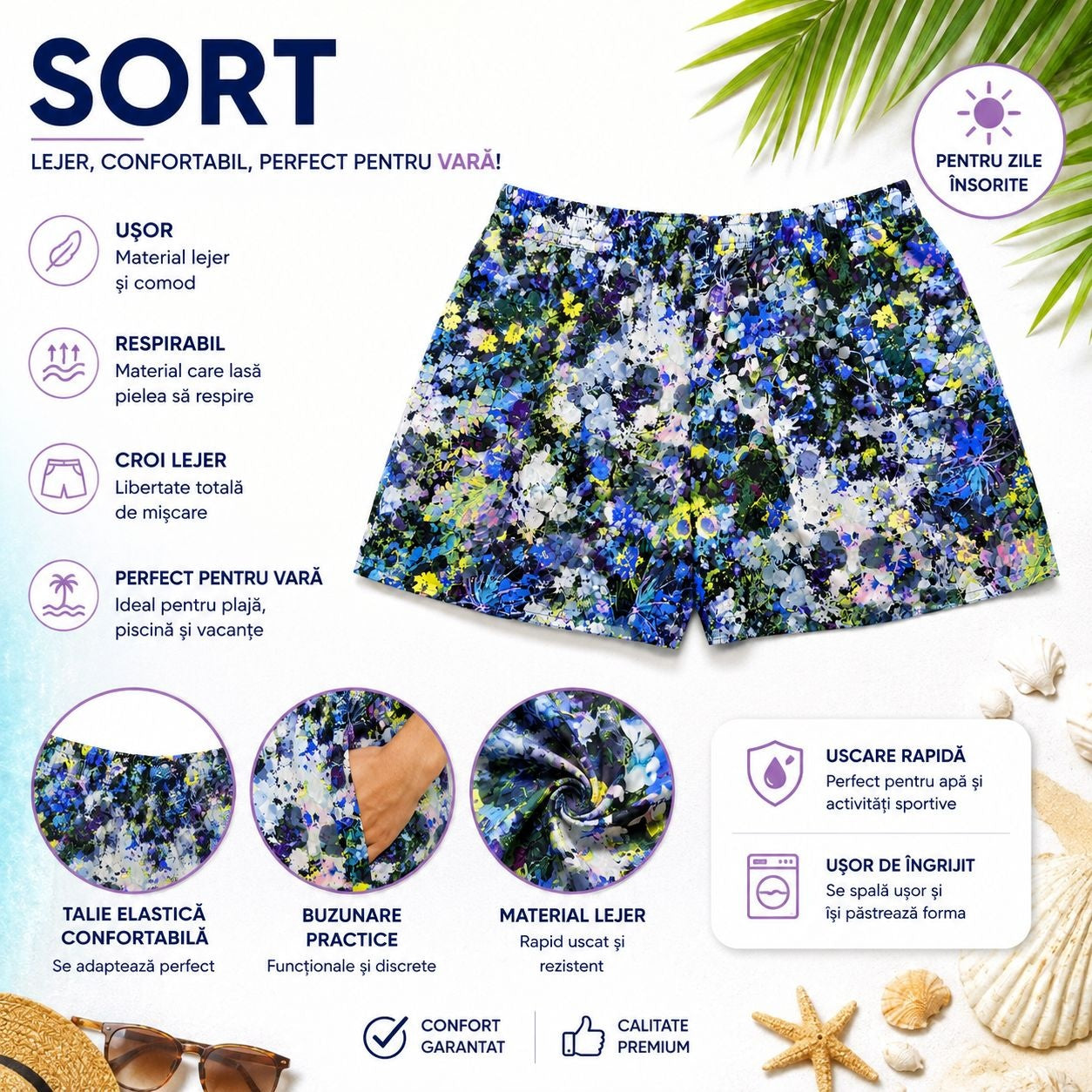 Set 5 Sorturi de Baie Bărbați cu Imprimeu Floral – Mărimi Diferite Incluse în Set, Material Ușor și Confortabil