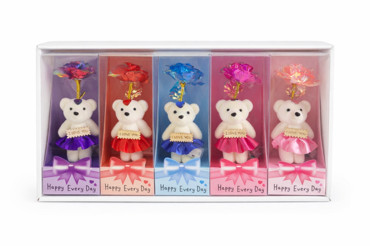 Set 5 ursuleti cu floare artificiala LED si baterii incluse, Happy Every Day, 25 x 9.5 cm
