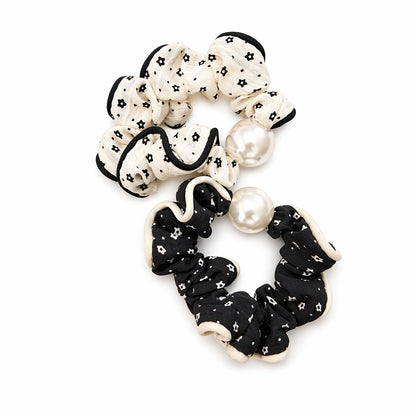 Set 50 elastice de păr tip scrunchie, din material textil, cu perlă decorativă