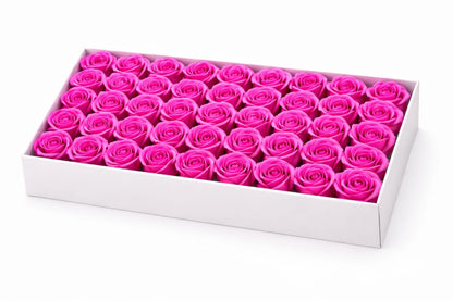 Set 50 Trandafiri de Sapun Parfumati in Cutie Eleganta Cadou 44x23 cm Fucsia