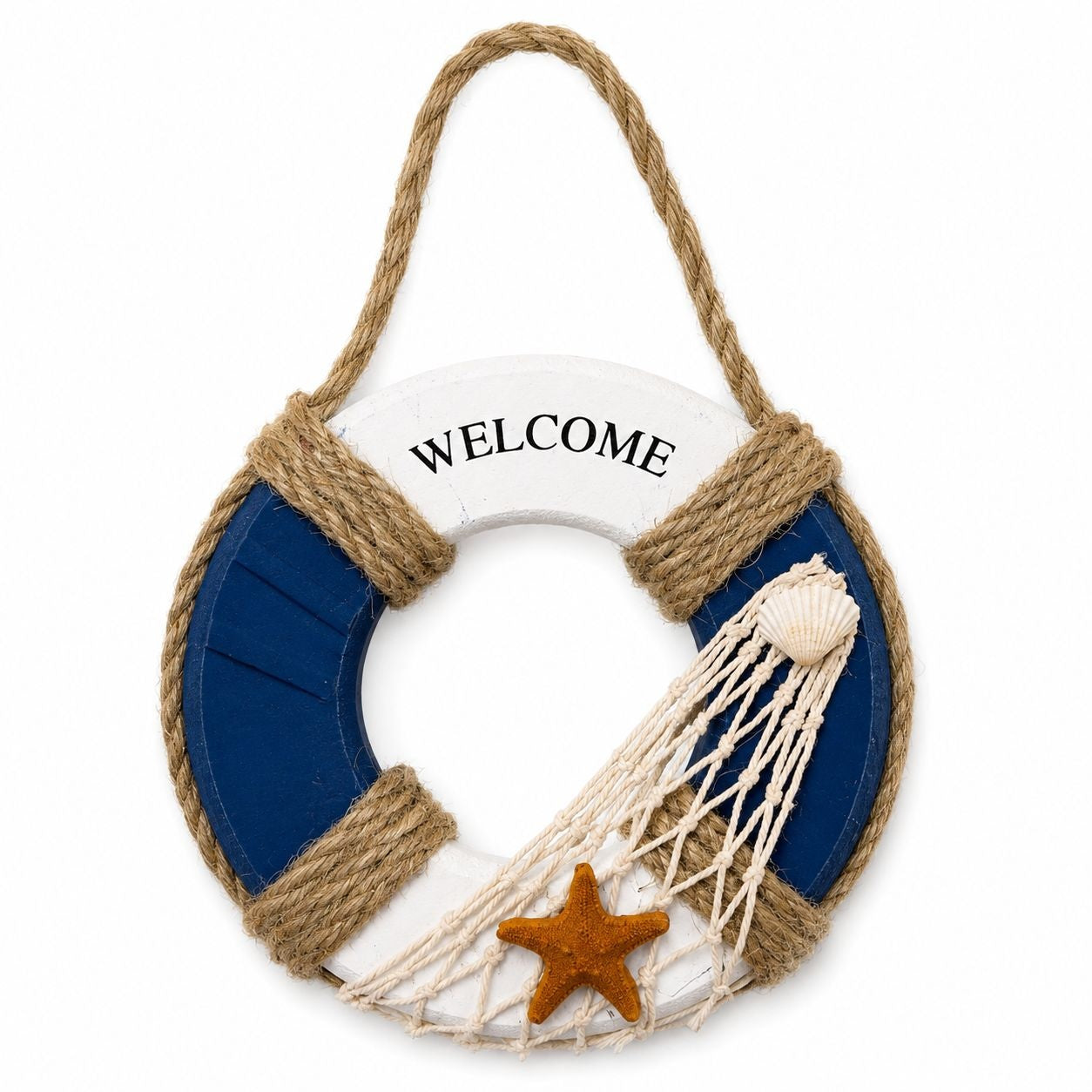 Set 6 Colac de Salvare Decorativ Welcome – Suvenir Marin de Perete cu Plasă, Scoică și Stea de Mare