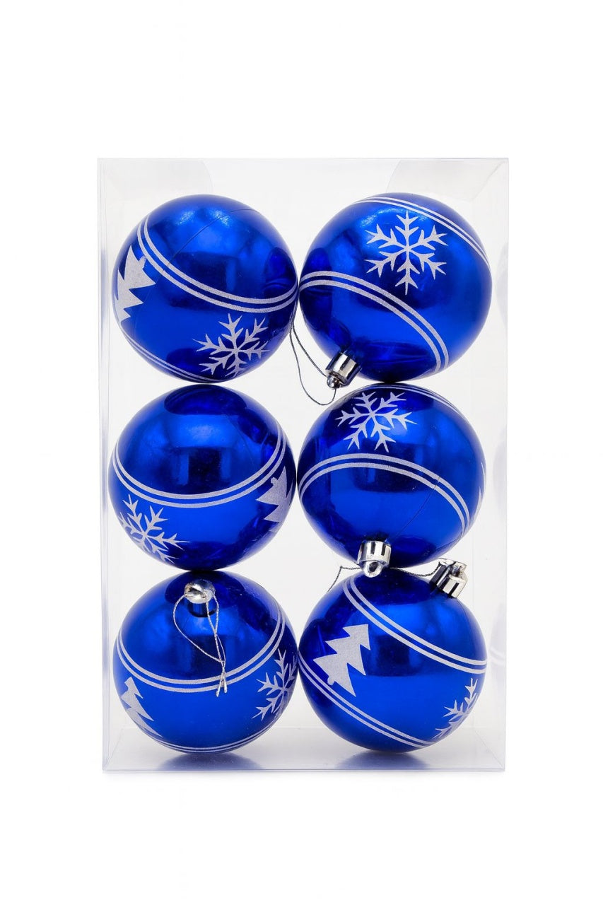Set 6 globuri albastre lucioase cu model argintiu , ornamente pentru bradul de Craciun, 23x15.5x7.5cm