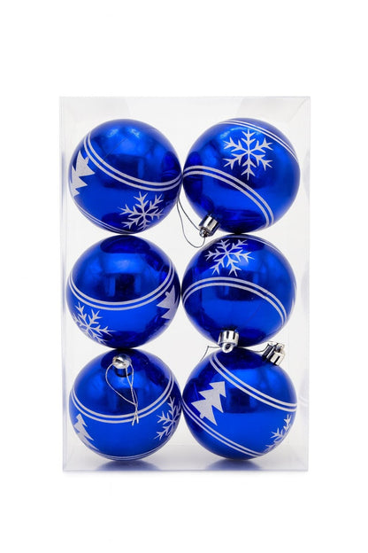 Set 6 globuri albastre lucioase cu model argintiu , ornamente pentru bradul de Craciun, 23x15.5x7.5cm