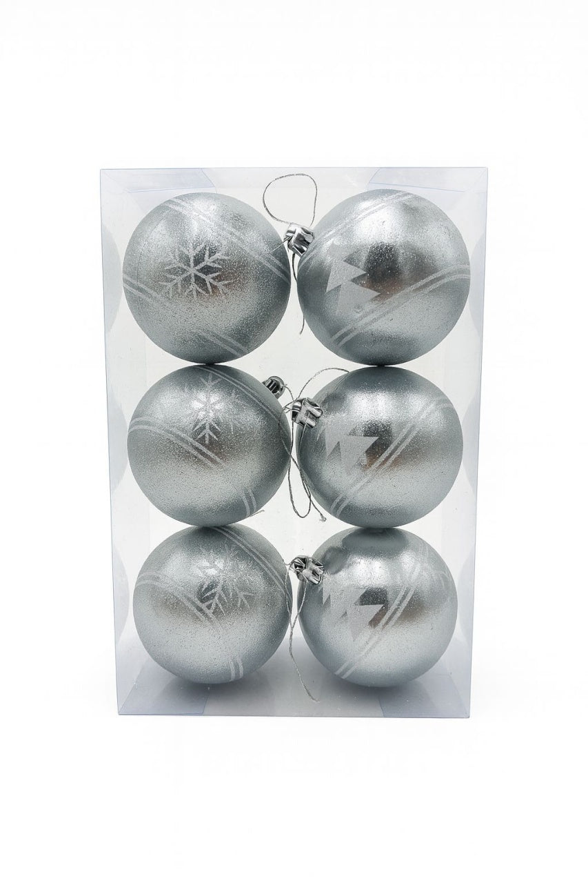 Set 6 globuri argintii texturate cu sclipici , ornamente elegante pentru bradul de Craciun, 23x15.5x7.5cm