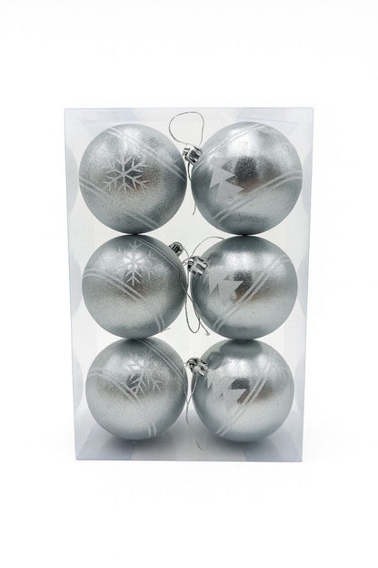 Set 6 globuri argintii texturate cu sclipici , ornamente elegante pentru bradul de Craciun, 23x15.5x7.5cm