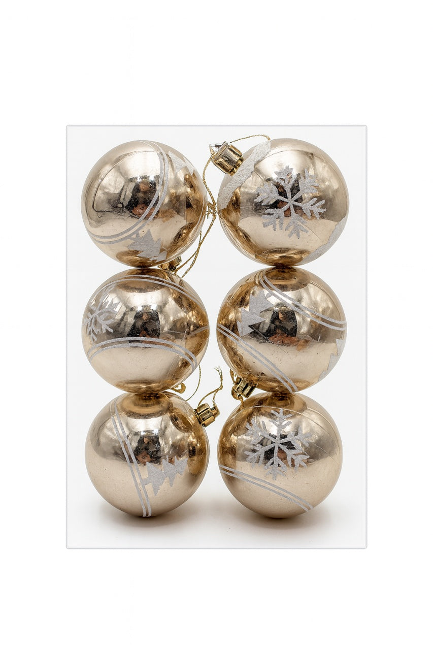 Set 6 Globuri Aurii 8 cm cu Fulgi si Braduti, Ornamente Brad Craciun