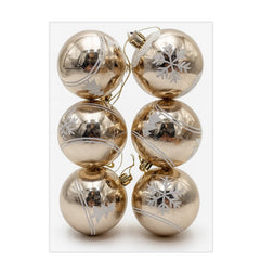 Set 6 Globuri Aurii 8 cm cu Fulgi si Braduti, Ornamente Brad Craciun