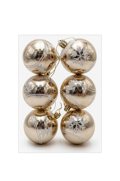Set 6 Globuri Aurii 8 cm cu Fulgi si Braduti, Ornamente Brad Craciun