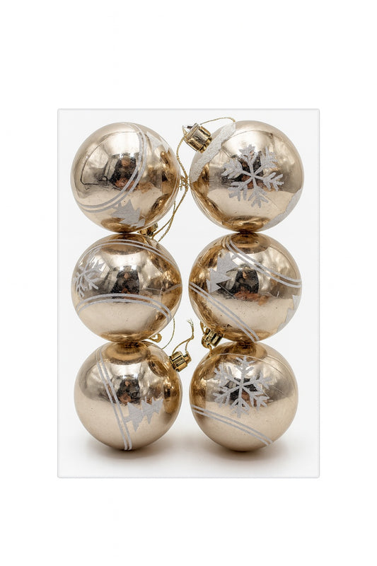 Set 6 Globuri Aurii 8 cm cu Fulgi si Braduti, Ornamente Brad Craciun