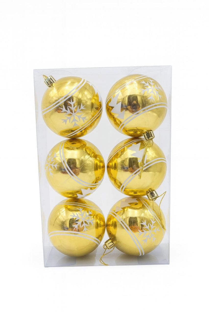 Set 6 globuri aurii lucioase cu fulgi si braduti , ornamente brad Craciun, 23x15.5x7.5cm