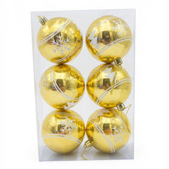 Set 6 globuri aurii lucioase cu fulgi si braduti , ornamente brad Craciun, 23x15.5x7.5cm