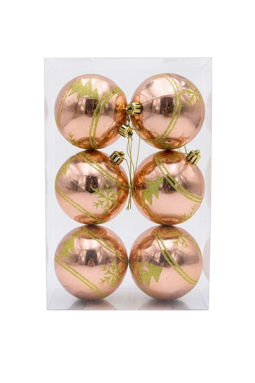 Set 6 globuri bronz lucioase cu sclipici verde , ornamente brad Craciun, 23x15.5x7.5cm