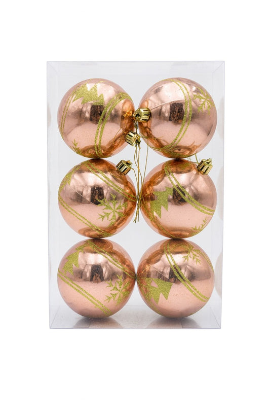 Set 6 globuri bronz lucioase cu sclipici verde , ornamente brad Craciun, 23x15.5x7.5cm