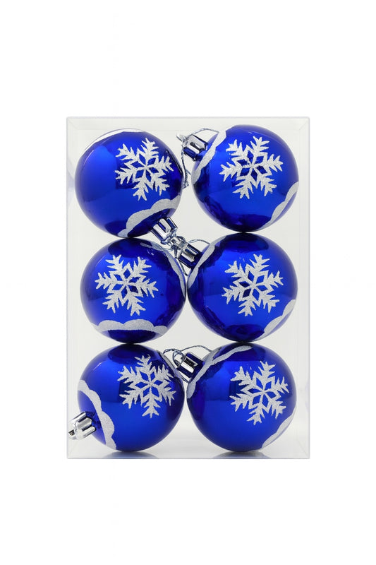 Set 6 Globuri Craciun Albastre 6 cm cu Fulgi Argintii, Ornament Brad