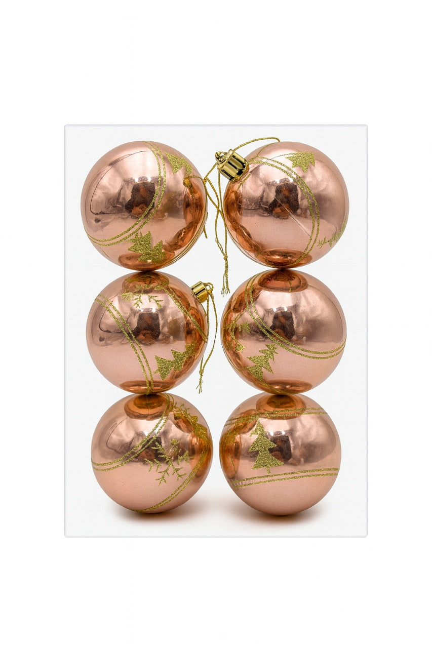 Set 6 Globuri Rose Gold 8 cm cu Braduti Aurii, Ornamente Craciun