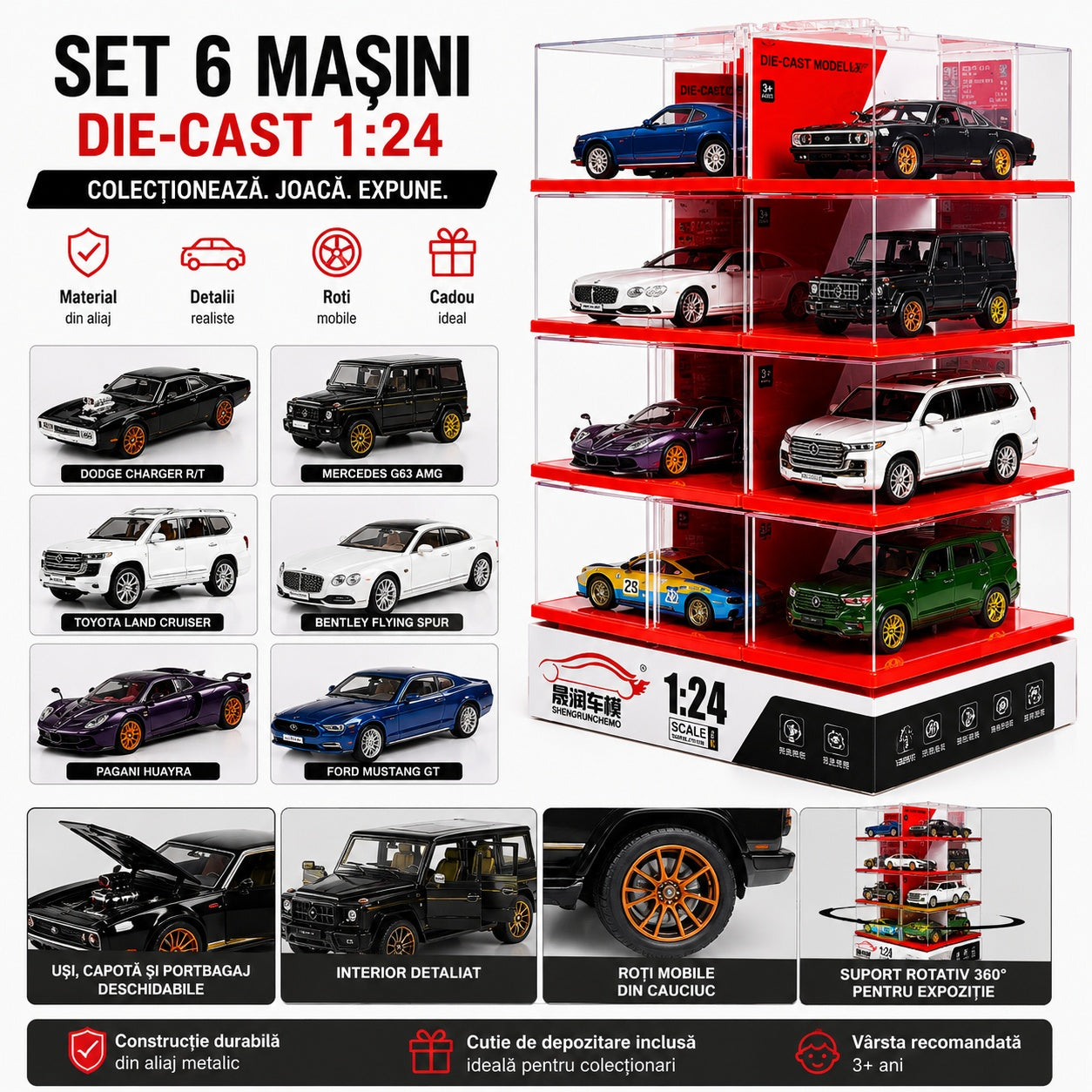 Set 6 masinute metalice scara 1:24 cu lumini si sunete set display modular rotativ